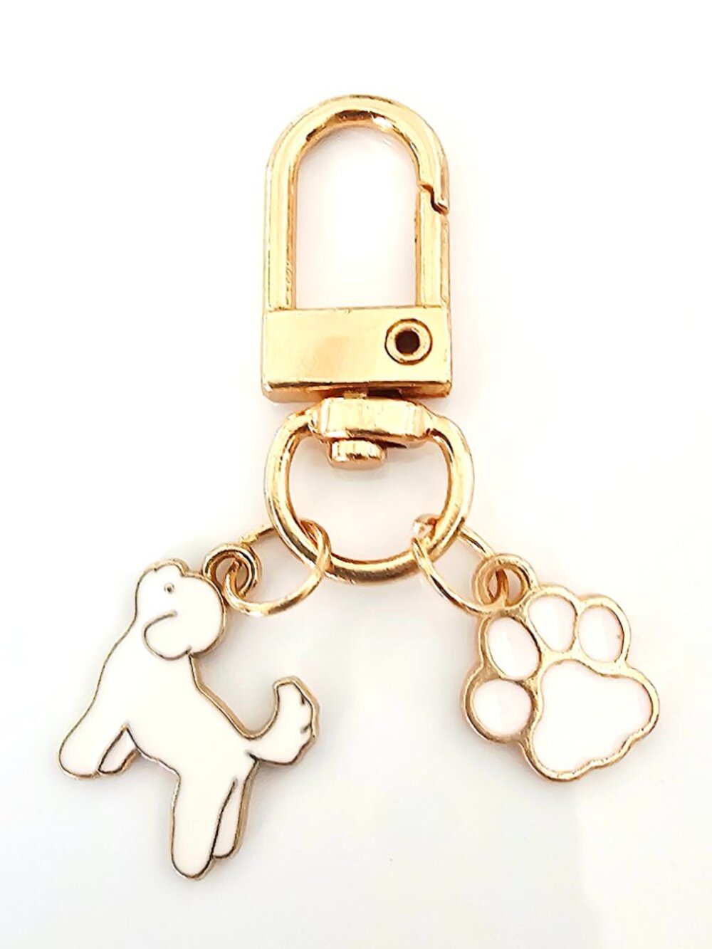 Gold Dog Paw Keychain Cute White Puppy Charm Purse Clip Pet Lover Bag Accessory
